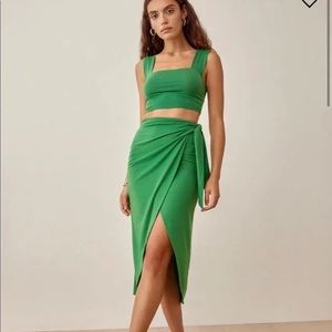 Reformation Kelly Green Rika Wrap Skirt Set